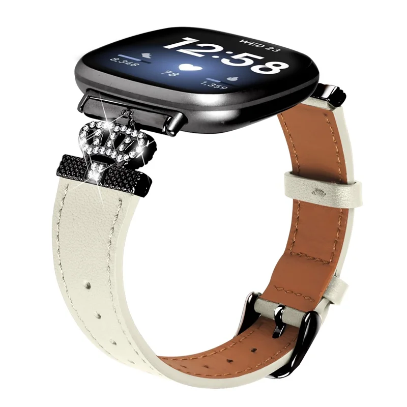 Для Fitbit Versa 4 / Sense 2 Genuine Cow Leather Crown Rhinestone Decor Watch Strap (Black Buckle) - Apricot