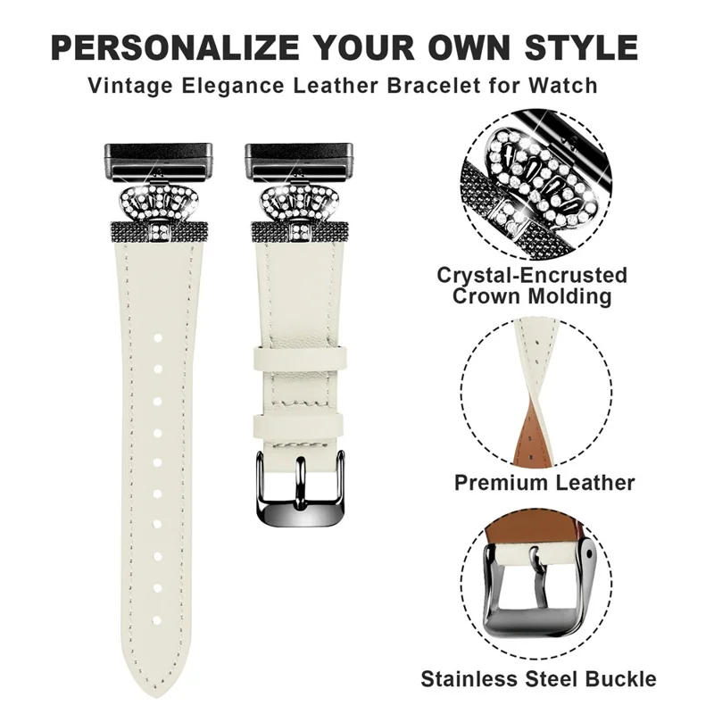 Для Fitbit Versa 4 / Sense 2 Genuine Cow Leather Crown Rhinestone Decor Watch Strap (Black Buckle) - Apricot