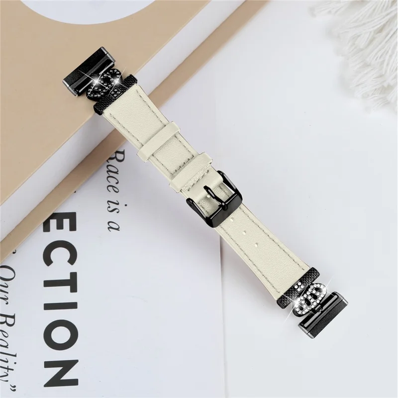 Для Fitbit Versa 4 / Sense 2 Genuine Cow Leather Crown Rhinestone Decor Watch Strap (Black Buckle) - Apricot