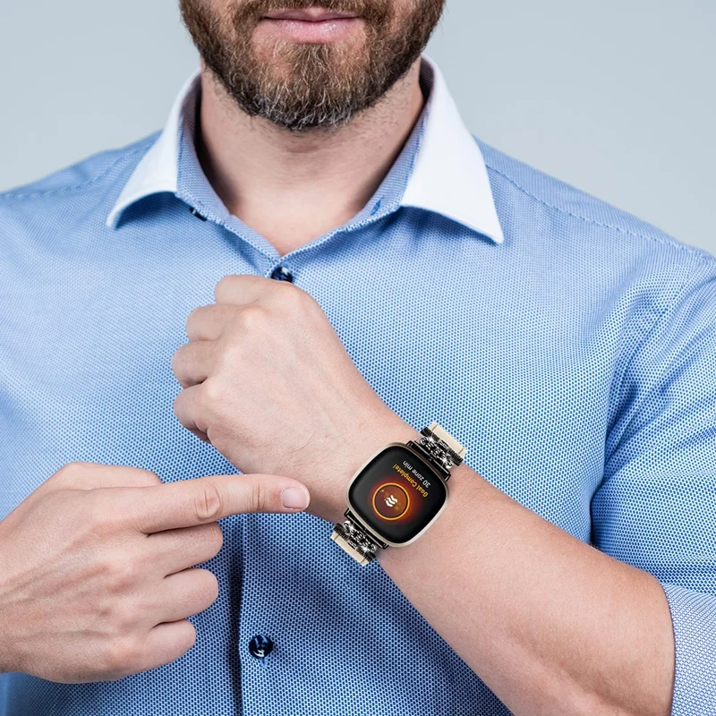 Для Fitbit Versa 4 / Sense 2 Genuine Cow Leather Crown Rhinestone Decor Watch Strap (Black Buckle) - Apricot