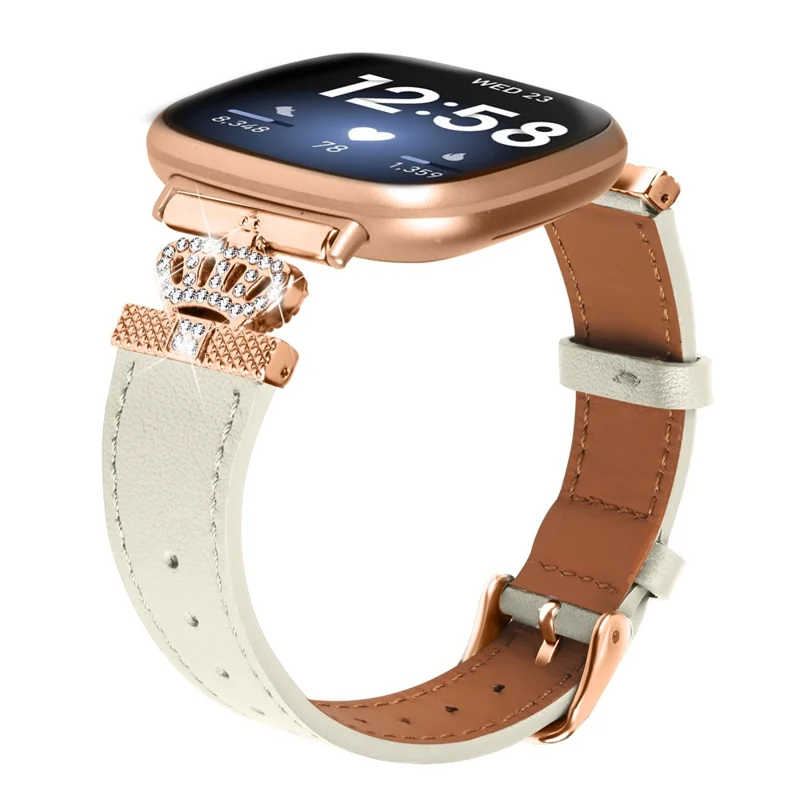 Per Fitbit Versa 4 / Sense 2 Smooth Genuine Cow Leather Rhinestone Watch Strap (Rose Gold Buckle) - Albicocca