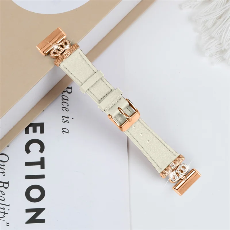 Per Fitbit Versa 4 / Sense 2 Smooth Genuine Cow Leather Rhinestone Watch Strap (Rose Gold Buckle) - Albicocca