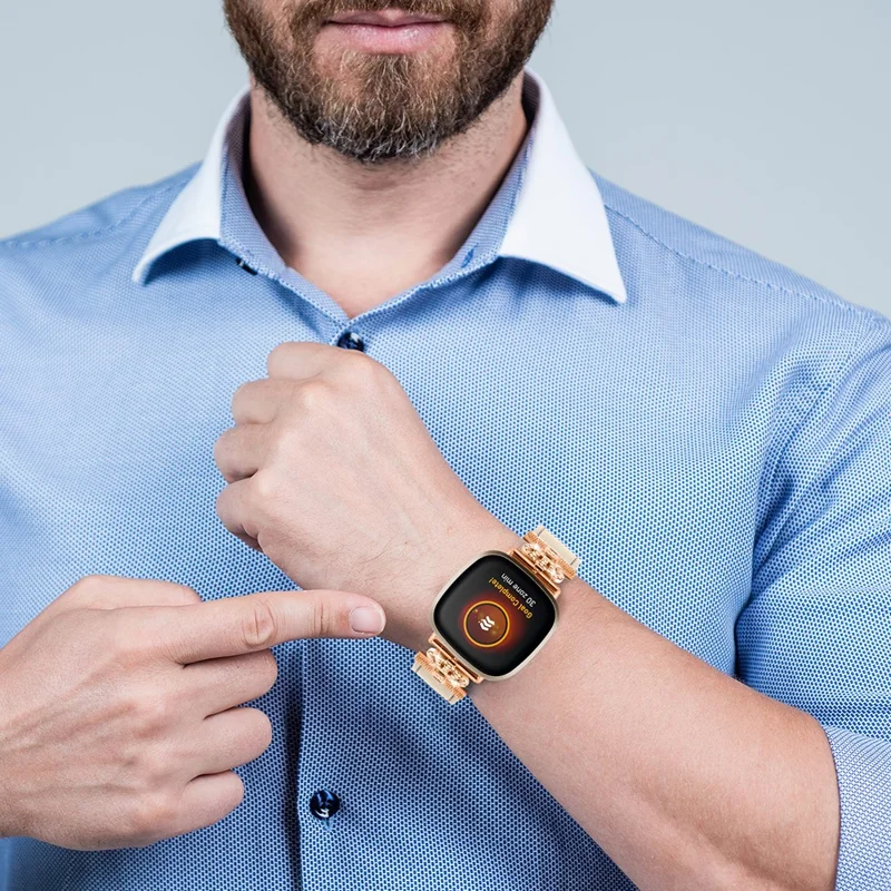 Per Fitbit Versa 4 / Sense 2 Smooth Genuine Cow Leather Rhinestone Watch Strap (Rose Gold Buckle) - Albicocca