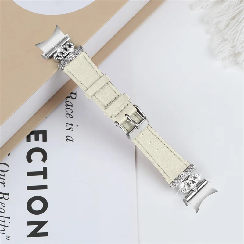 For Samsung Galaxy Watch FE 40mm / Watch4 Active Classic / Watch 5 Pro Genuine Cow Leather Smart Watch Strap (Silver Buckle) - Beige