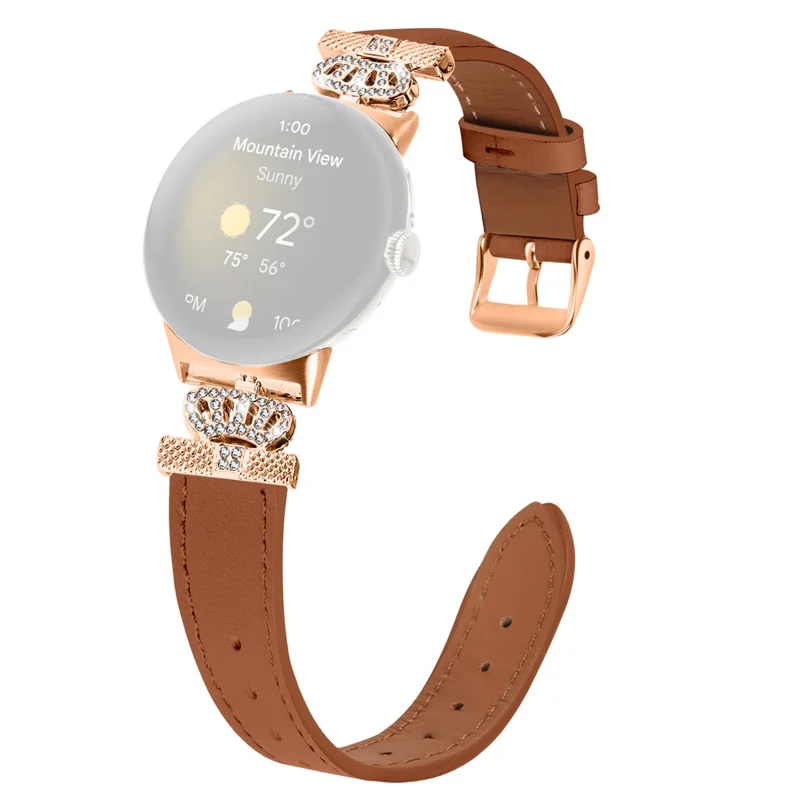 For Google Pixel Watch 3 41mm / Watch 2 / Pixel Watch Rhinestone Genuine Cow Leather Wrist Band Strap (Rose Gold Buckle) - Brown