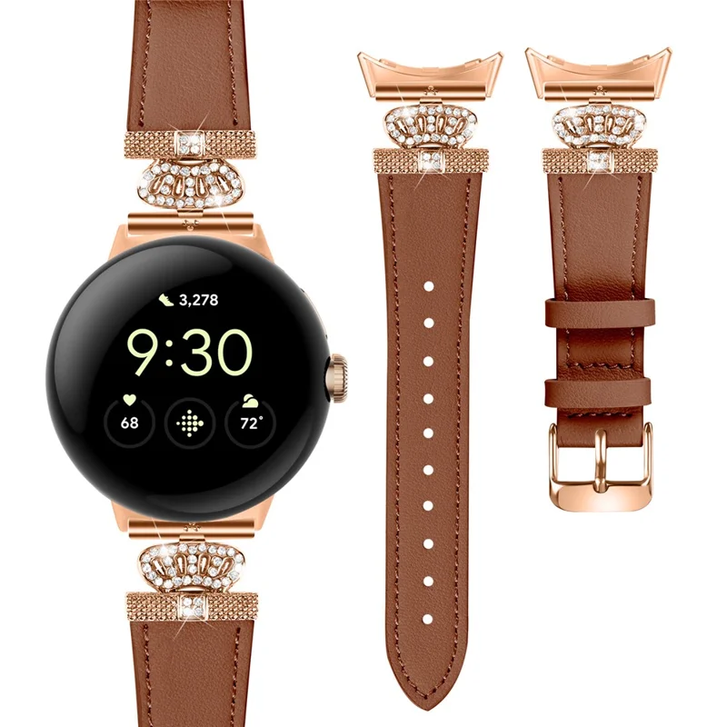 For Google Pixel Watch 3 41mm / Watch 2 / Pixel Watch Rhinestone Genuine Cow Leather Wrist Band Strap (Rose Gold Buckle) - Brown