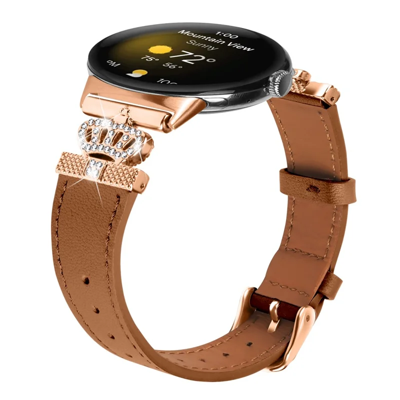 For Google Pixel Watch 3 41mm / Watch 2 / Pixel Watch Rhinestone Genuine Cow Leather Wrist Band Strap (Rose Gold Buckle) - Brown