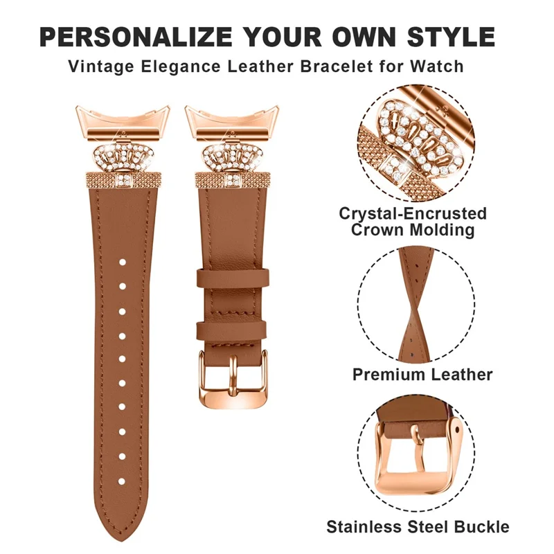 For Google Pixel Watch 3 41mm / Watch 2 / Pixel Watch Rhinestone Genuine Cow Leather Wrist Band Strap (Rose Gold Buckle) - Brown