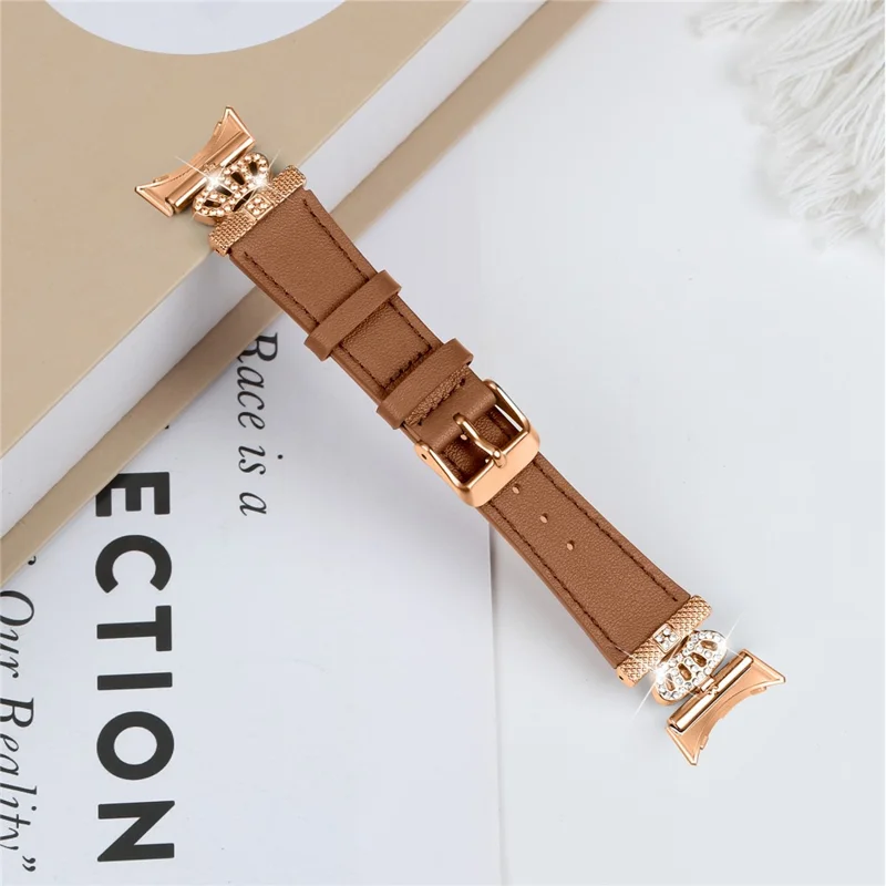 For Google Pixel Watch 3 41mm / Watch 2 / Pixel Watch Rhinestone Genuine Cow Leather Wrist Band Strap (Rose Gold Buckle) - Brown