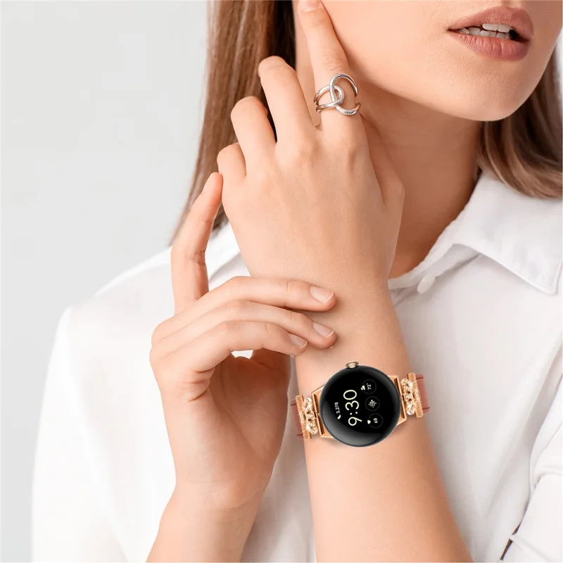 For Google Pixel Watch 3 41mm / Watch 2 / Pixel Watch Rhinestone Genuine Cow Leather Wrist Band Strap (Rose Gold Buckle) - Brown