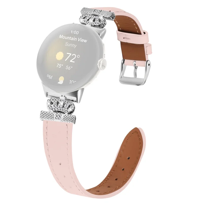 For Google Pixel Watch 3 41mm / Watch 2 / Pixel Watch Soft Genuine Cow Leather Wrist Band Rhinestone Watch Strap (Silver Buckle) - Pink