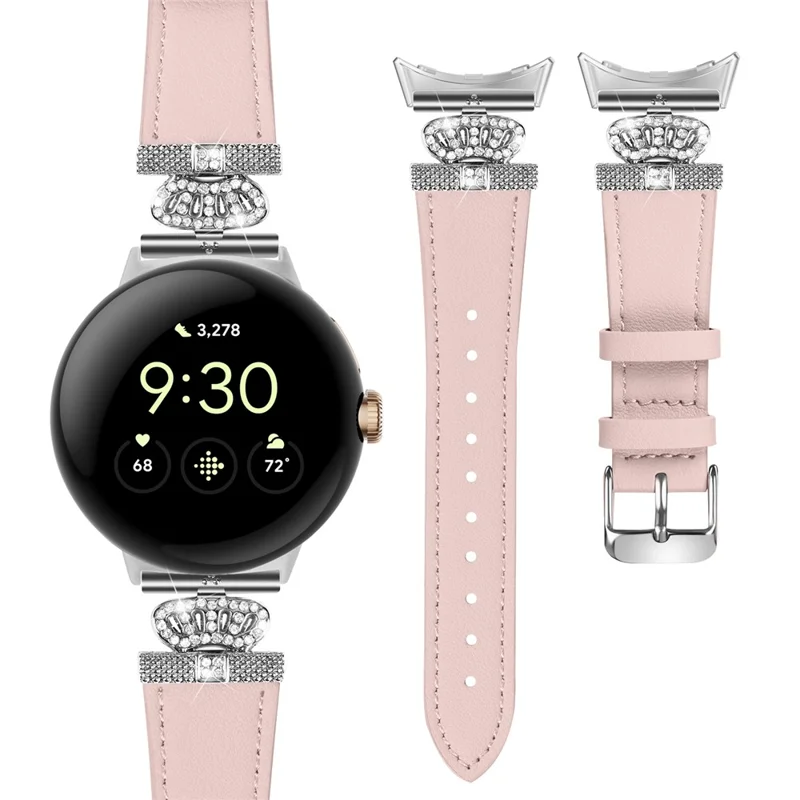 For Google Pixel Watch 3 41mm / Watch 2 / Pixel Watch Soft Genuine Cow Leather Wrist Band Rhinestone Watch Strap (Silver Buckle) - Pink