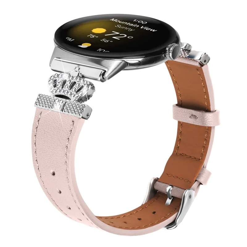 For Google Pixel Watch 3 41mm / Watch 2 / Pixel Watch Soft Genuine Cow Leather Wrist Band Rhinestone Watch Strap (Silver Buckle) - Pink