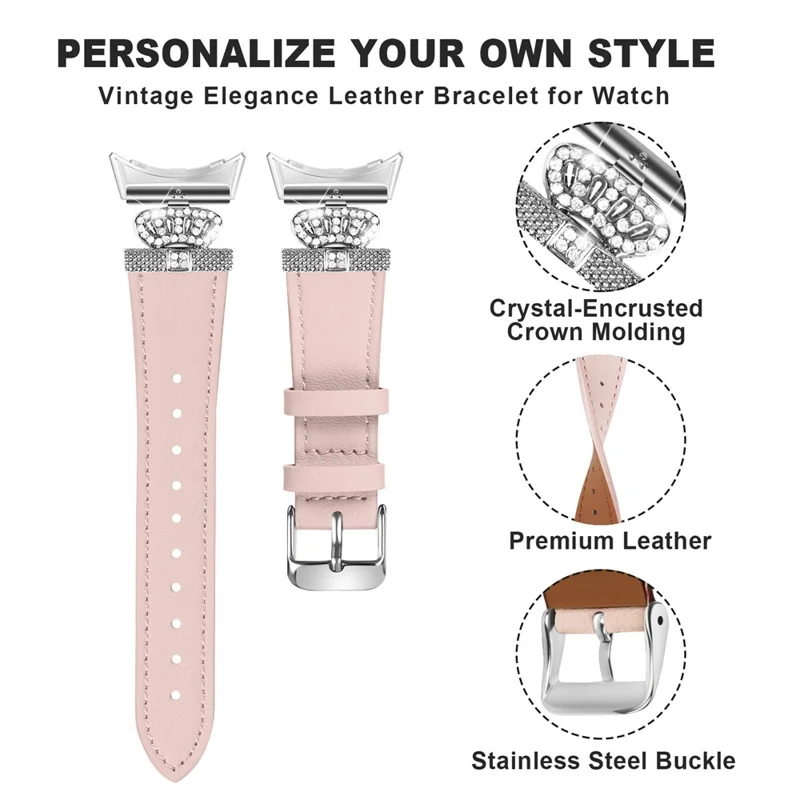 For Google Pixel Watch 3 41mm / Watch 2 / Pixel Watch Soft Genuine Cow Leather Wrist Band Rhinestone Watch Strap (Silver Buckle) - Pink