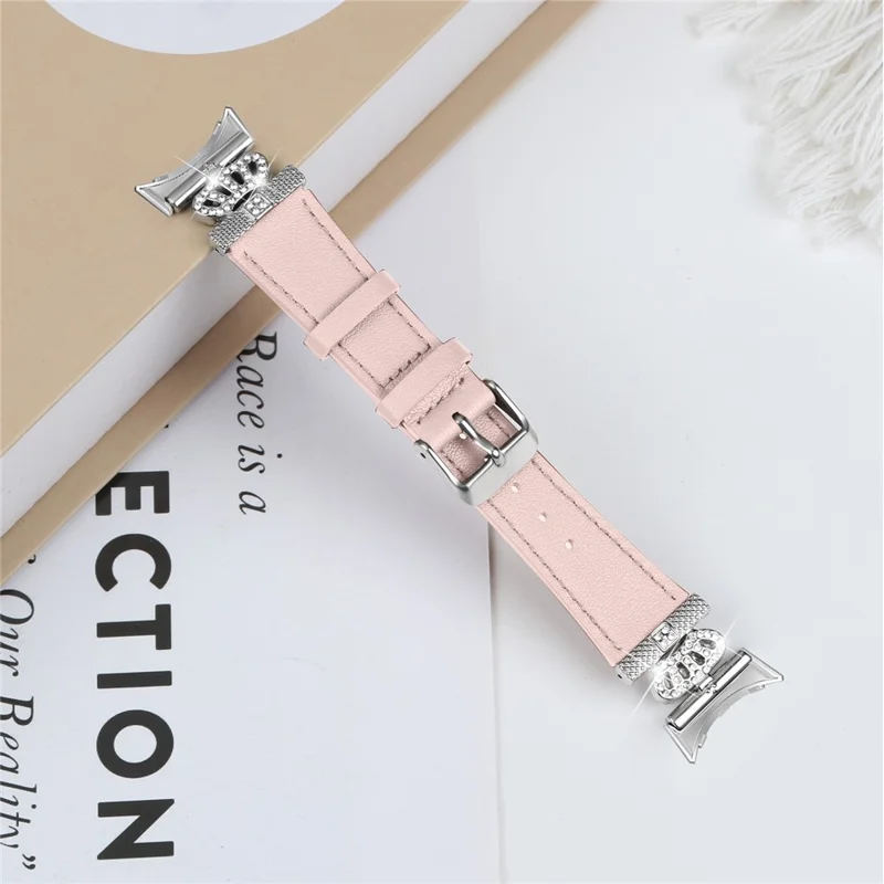 For Google Pixel Watch 3 41mm / Watch 2 / Pixel Watch Soft Genuine Cow Leather Wrist Band Rhinestone Watch Strap (Silver Buckle) - Pink