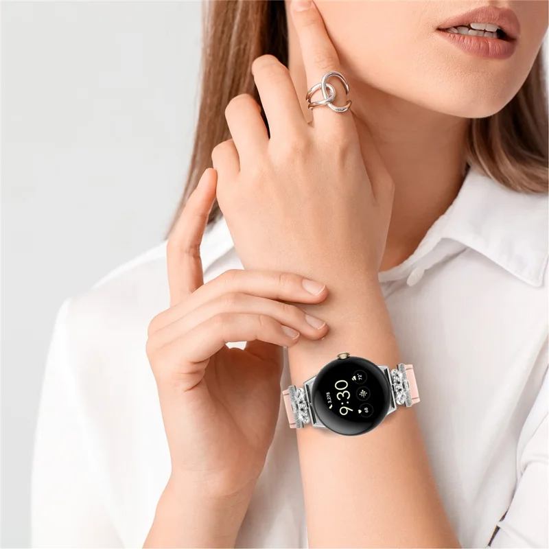 For Google Pixel Watch 3 41mm / Watch 2 / Pixel Watch Soft Genuine Cow Leather Wrist Band Rhinestone Watch Strap (Silver Buckle) - Pink