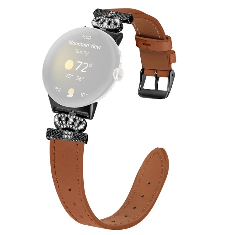 For Google Pixel Watch Crown Rhinestone Decor Genuine Cow Leather Wrist Band Strap (Black Buckle) - Brown