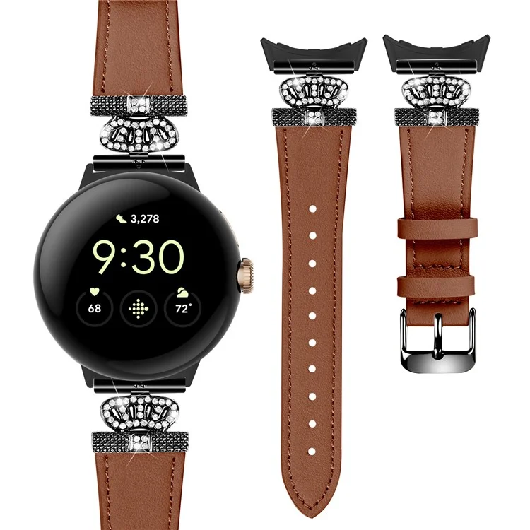 For Google Pixel Watch Crown Rhinestone Decor Genuine Cow Leather Wrist Band Strap (Black Buckle) - Brown