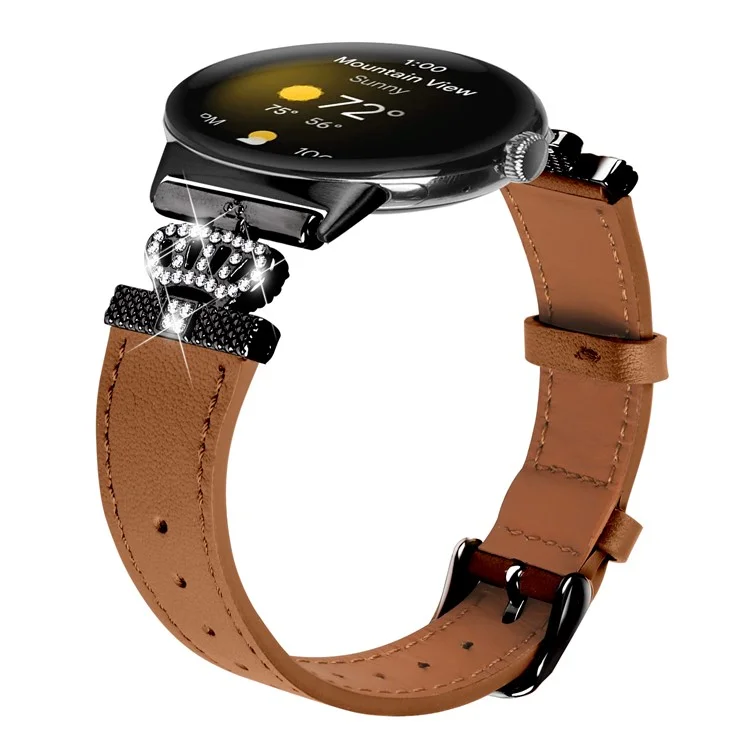 For Google Pixel Watch Crown Rhinestone Decor Genuine Cow Leather Wrist Band Strap (Black Buckle) - Brown