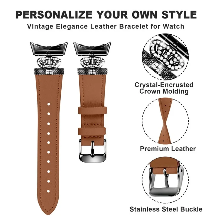 For Google Pixel Watch Crown Rhinestone Decor Genuine Cow Leather Wrist Band Strap (Black Buckle) - Brown