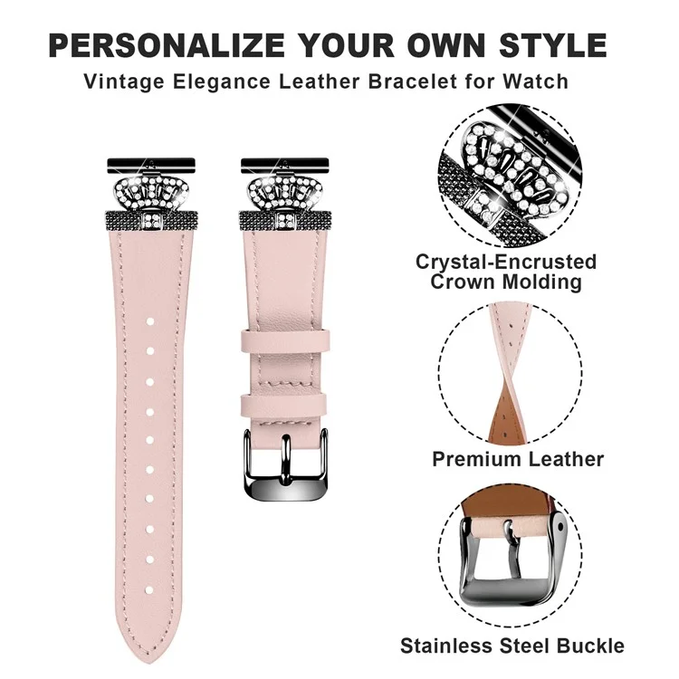 For Huami Amazfit Youth Edition 20mm Cowhide Band Crown Design Strap with Black Buckle - Pink