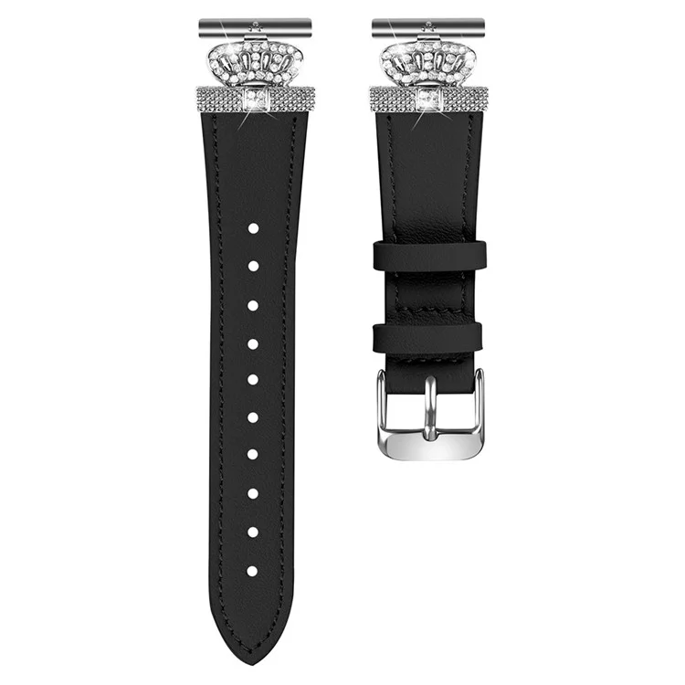 For Huami Amazfit Youth Edition 20mm Cowhide Strap Crown Design Watch Band with Silver Buckle - Black
