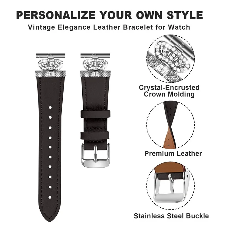 For Huami Amazfit Youth Edition 20mm Cowhide Strap Crown Design Watch Band with Silver Buckle - Black