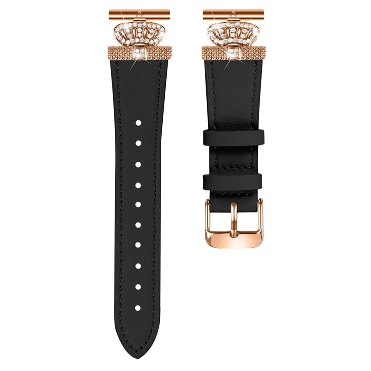 For Huami Amazfit Youth Edition 20mm Cowhide Replacement Band Crown Design Strap with Rose Gold Buckle - Black