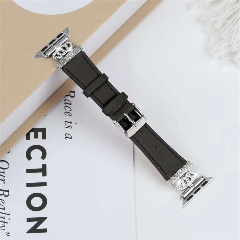 Cinturino per orologio per Apple Watch Series 10 42mm / 9 8 7 41mm / SE (2023) SE (2022) SE 6 5 4 40mm / 3 2 1 38mm Vera Pelle di Mucca con Fibbia in Argento - Nero