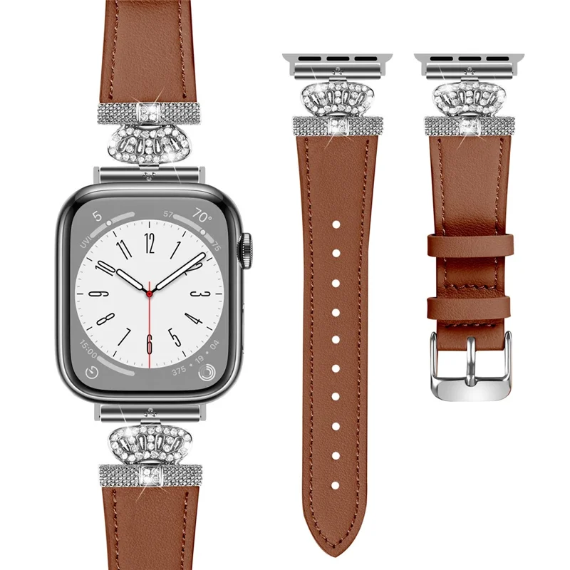 Watch Band for Apple Watch Series 11 10 42mm / 9 8 7 41mm / SE3 SE2 SE 6 5 4 40mm / 3 2 1 38mm Genuine Cow Leather Strap with Silver Buckle - Brown