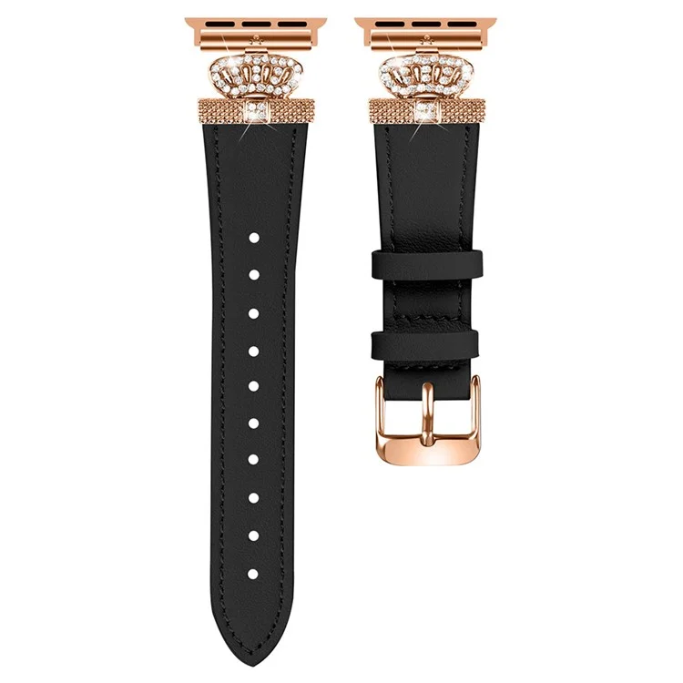 Genuine Cow Leather Strap for Apple Watch Series 10 42mm / 9 8 7 41mm / SE (2023) SE (2022) SE 6 5 4 40mm / 3 2 1 38mm Band with Rose Gold Buckle - Black