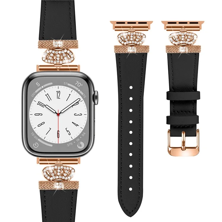 Genuine Cow Leather Strap for Apple Watch Series 10 42mm / 9 8 7 41mm / SE (2023) SE (2022) SE 6 5 4 40mm / 3 2 1 38mm Band with Rose Gold Buckle - Black