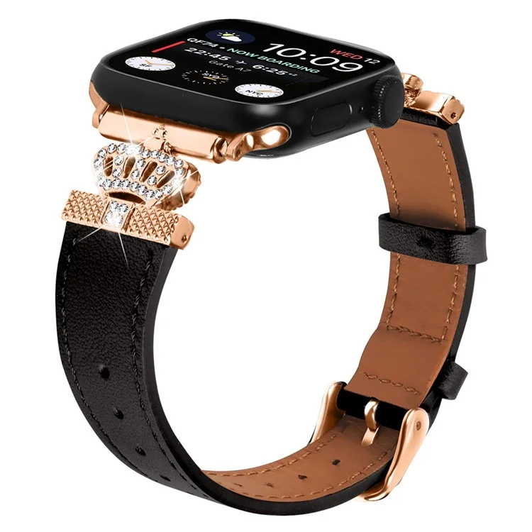 Genuine Cow Leather Strap for Apple Watch Series 10 42mm / 9 8 7 41mm / SE (2023) SE (2022) SE 6 5 4 40mm / 3 2 1 38mm Band with Rose Gold Buckle - Black