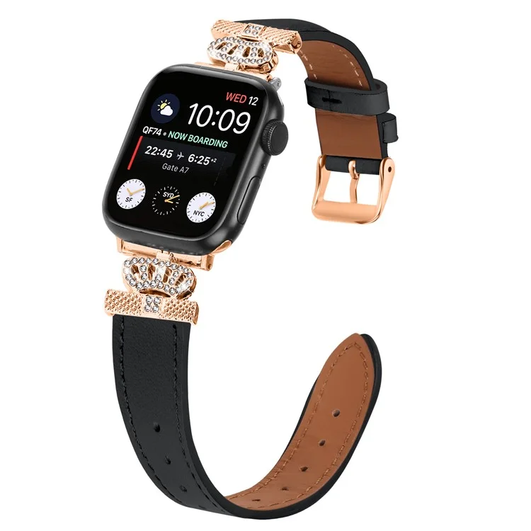 Genuine Cow Leather Strap for Apple Watch Series 10 42mm / 9 8 7 41mm / SE (2023) SE (2022) SE 6 5 4 40mm / 3 2 1 38mm Band with Rose Gold Buckle - Black