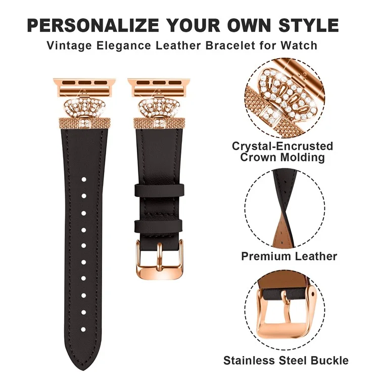 Genuine Cow Leather Strap for Apple Watch Series 10 42mm / 9 8 7 41mm / SE (2023) SE (2022) SE 6 5 4 40mm / 3 2 1 38mm Band with Rose Gold Buckle - Black