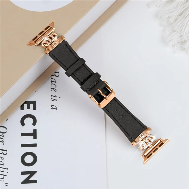 Genuine Cow Leather Strap for Apple Watch Series 10 42mm / 9 8 7 41mm / SE (2023) SE (2022) SE 6 5 4 40mm / 3 2 1 38mm Band with Rose Gold Buckle - Black