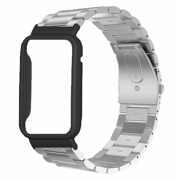 For Xiaomi Smart Band 8 Pro Watch Band Stainless Steel Watch Strap with Black Watch Case - Silver