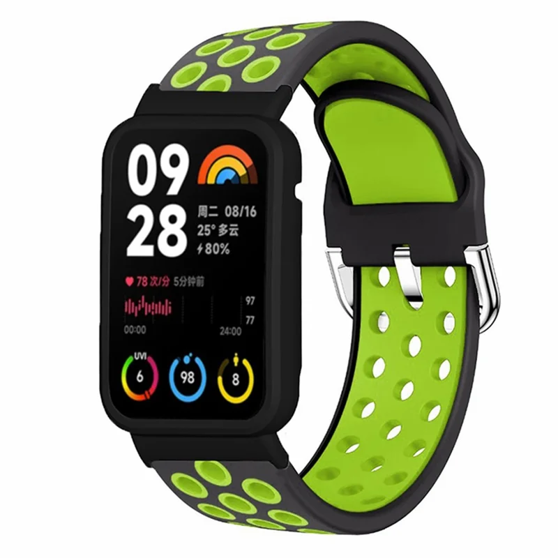 For Xiaomi Smart Band 8 Pro Silicone Watch Bands Replacement Strap with Watch Case - Black+Green