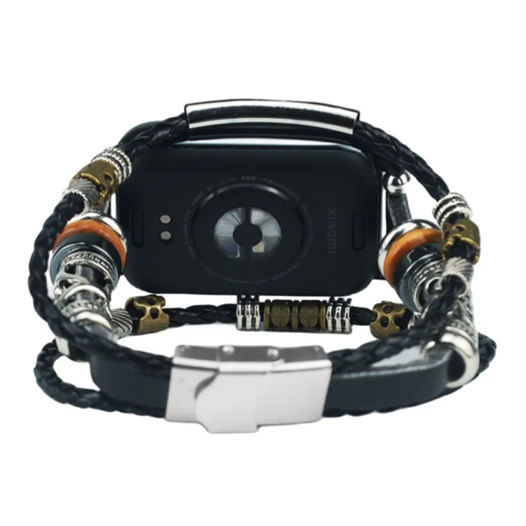 Para o Xiaomi Redmi Watch 4 Banda do Relógio Estilo Étnico Pulseira de Couro Trançado Contas DIY - Preto