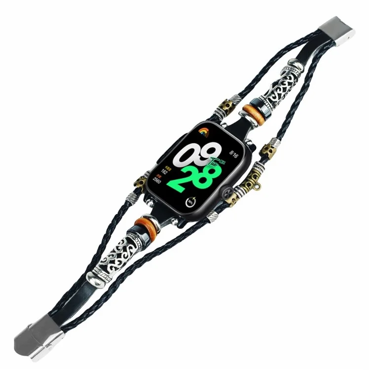 Para o Xiaomi Redmi Watch 4 Banda do Relógio Estilo Étnico Pulseira de Couro Trançado Contas DIY - Preto