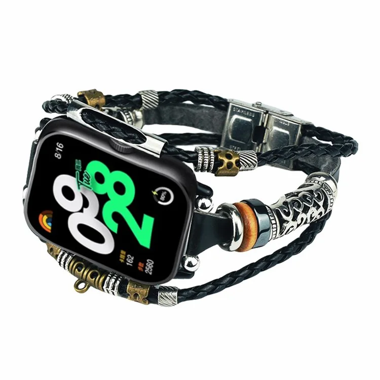 Para o Xiaomi Redmi Watch 4 Banda do Relógio Estilo Étnico Pulseira de Couro Trançado Contas DIY - Preto