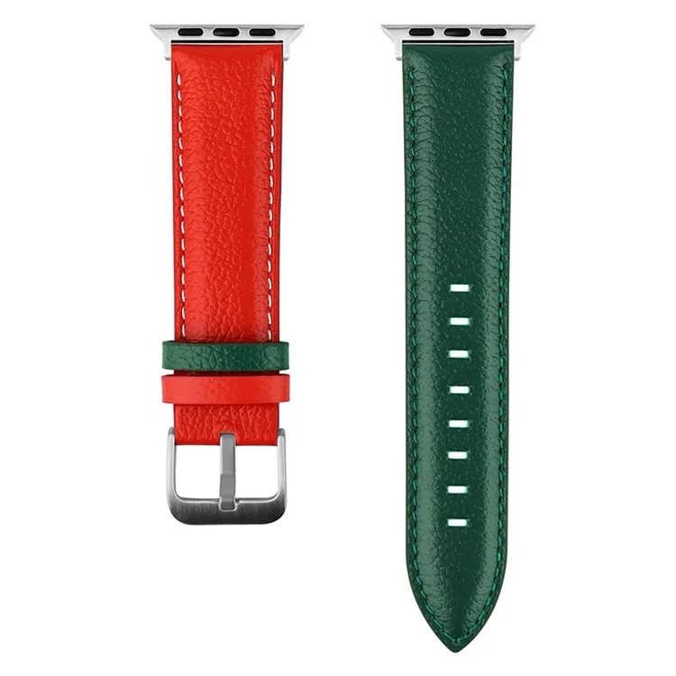 Watch Band for Apple Watch Series 10 42mm / 9 8 7 41mm / SE (2023) SE (2022) SE 6 5 4 40mm / 3 2 1 38mm Classic Cow Leather Strap - Red  /  Green