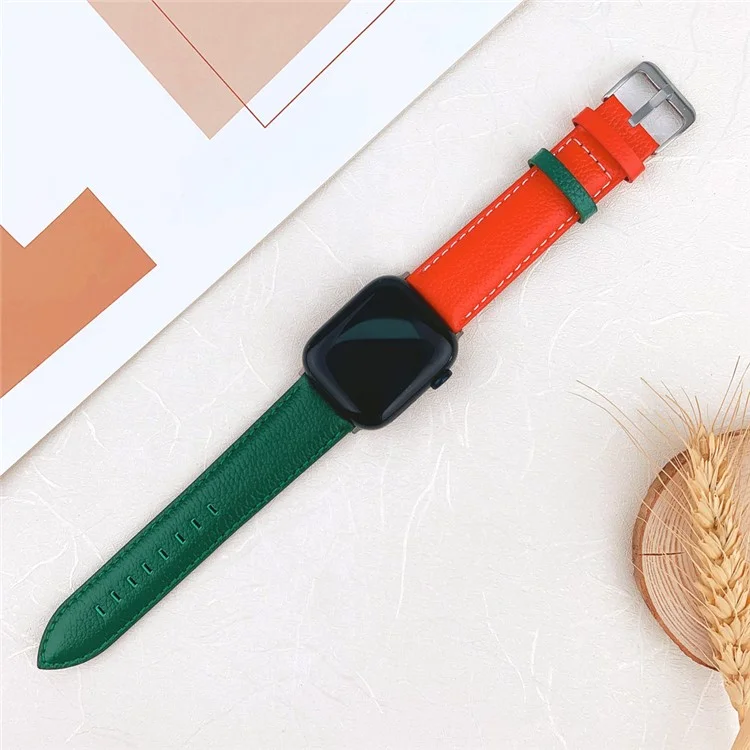 Watch Band for Apple Watch Series 10 42mm / 9 8 7 41mm / SE (2023) SE (2022) SE 6 5 4 40mm / 3 2 1 38mm Classic Cow Leather Strap - Red  /  Green