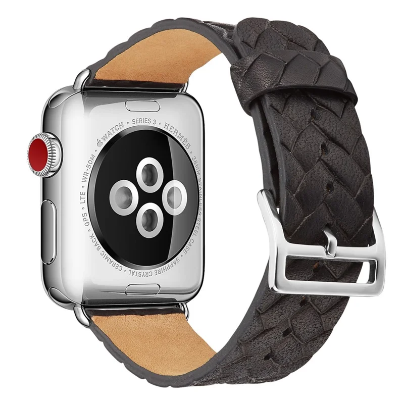 Watch Strap for Apple Watch Series 10 42mm / 9 8 7 41mm / SE (2023) SE (2022) SE 6 5 4 40mm / 3 2 1 38mm Leather Watch Band Woven Texture - Black