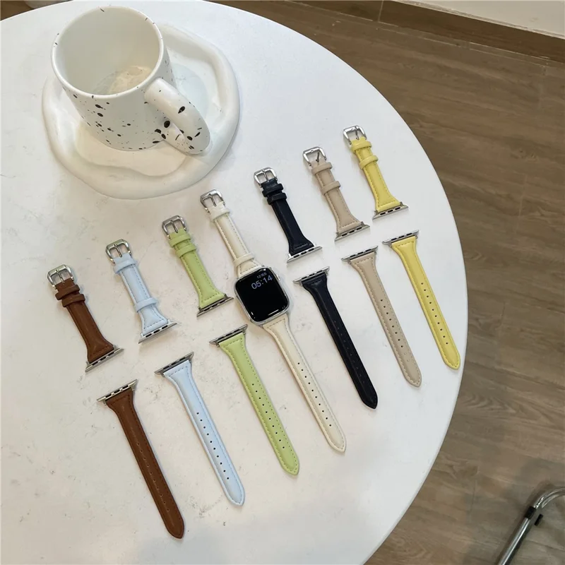 Strap for Apple Watch Series 10 42mm / 9 8 7 41mm / SE (2023) SE (2022) SE 6 5 4 40mm / 3 2 1 38mm Slim Leather Watch Band - White