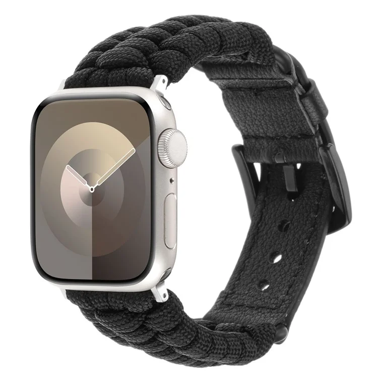 Per Apple Watch Series 10 42mm / 9 8 7 41mm / SE (2023) SE (2022) SE 6 5 4 40mm / 3 2 1 38mm Braided Rope+Genuine Cow Leather Strap - Nero