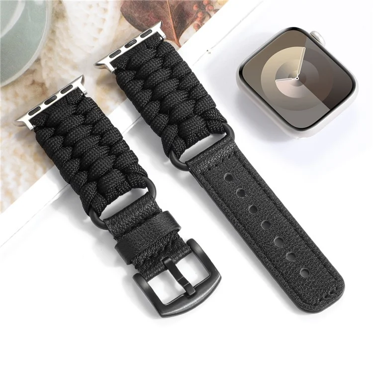Per Apple Watch Series 10 42mm / 9 8 7 41mm / SE (2023) SE (2022) SE 6 5 4 40mm / 3 2 1 38mm Braided Rope+Genuine Cow Leather Strap - Nero