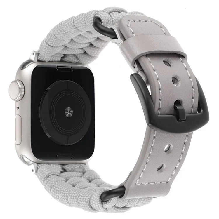 Pour Apple Watch Series 10 42mm / 9 8 7 41mm / SE (2023) SE (2022) SE 6 5 4 40mm / 3 2 1 38mm Tresse Corde+Véritable Cuir de Vache Bracelet - Gris
