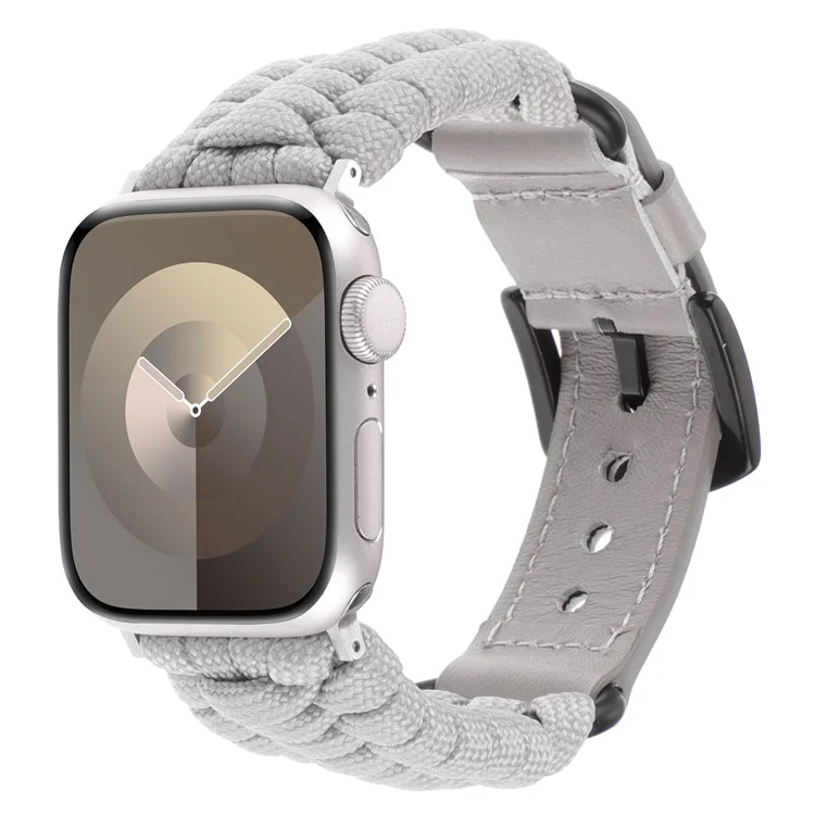 Pour Apple Watch Series 10 42mm / 9 8 7 41mm / SE (2023) SE (2022) SE 6 5 4 40mm / 3 2 1 38mm Tresse Corde+Véritable Cuir de Vache Bracelet - Gris