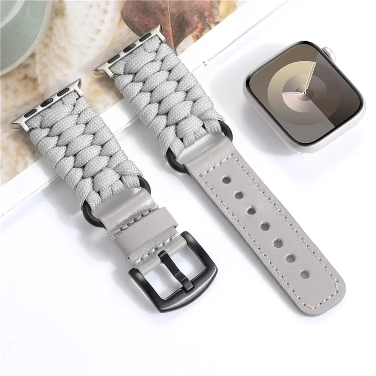 Pour Apple Watch Series 10 42mm / 9 8 7 41mm / SE (2023) SE (2022) SE 6 5 4 40mm / 3 2 1 38mm Tresse Corde+Véritable Cuir de Vache Bracelet - Gris